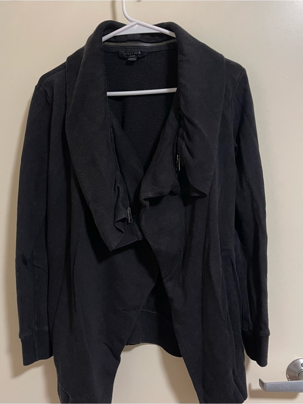 AllSaints Dahlia Cardigan Small Black Draped Waterfall Front Zip Collar Sweater